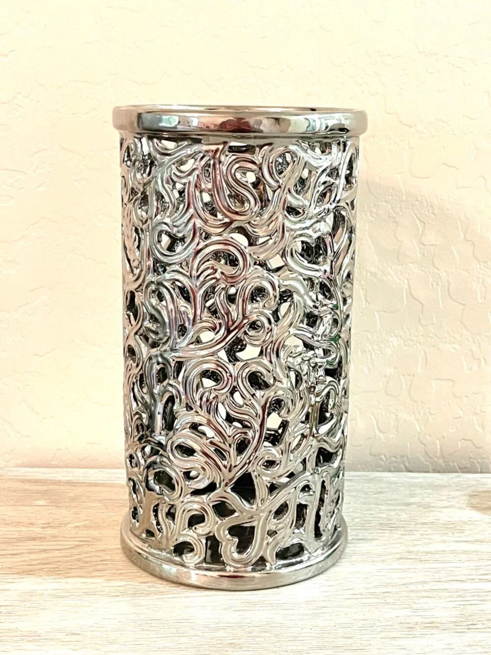 Silver Vase Open Cut Out Open Design Ceramic